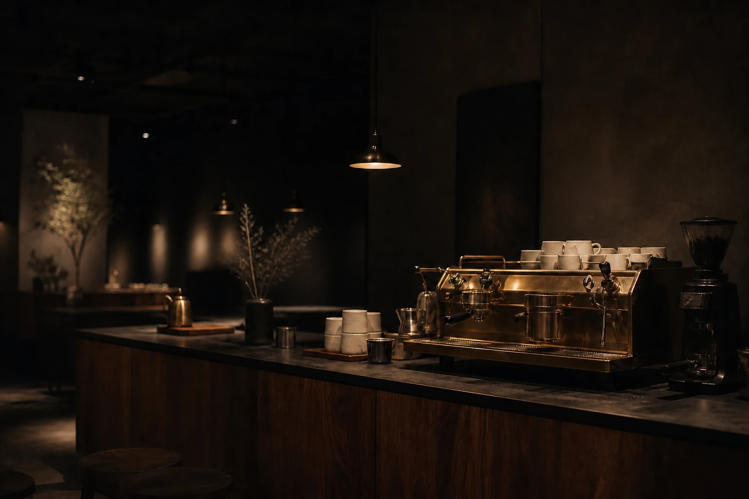 Blick in die Kaffeekönig Coffee Bar am Abend, warmes Licht über dem Tresen