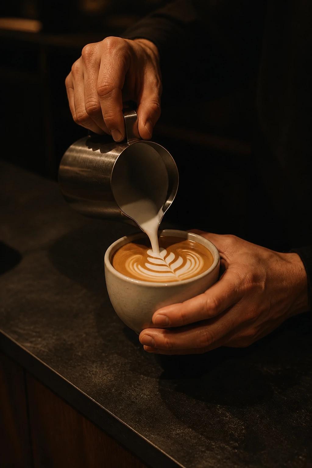 Barista giesst Milch in einen Espresso, Nahaufnahme der Hände